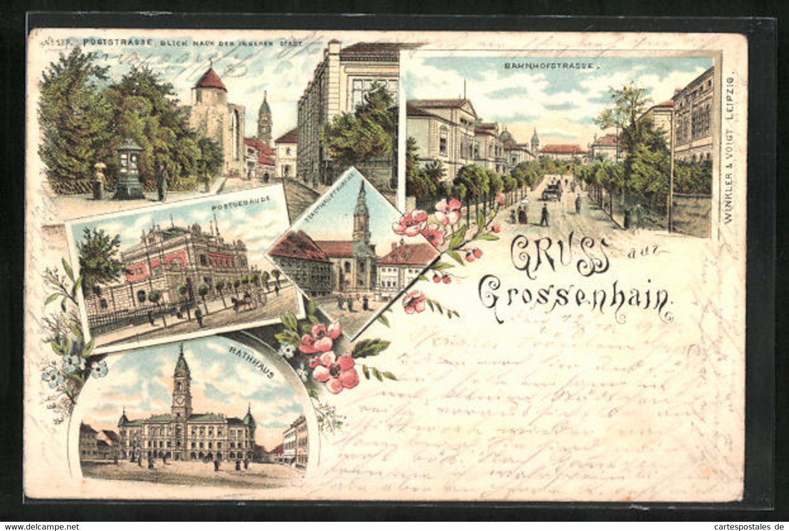 Lithographie Grossenhain, Postgebäude, Stadthauptkirche, Rathaus - Grossenhain