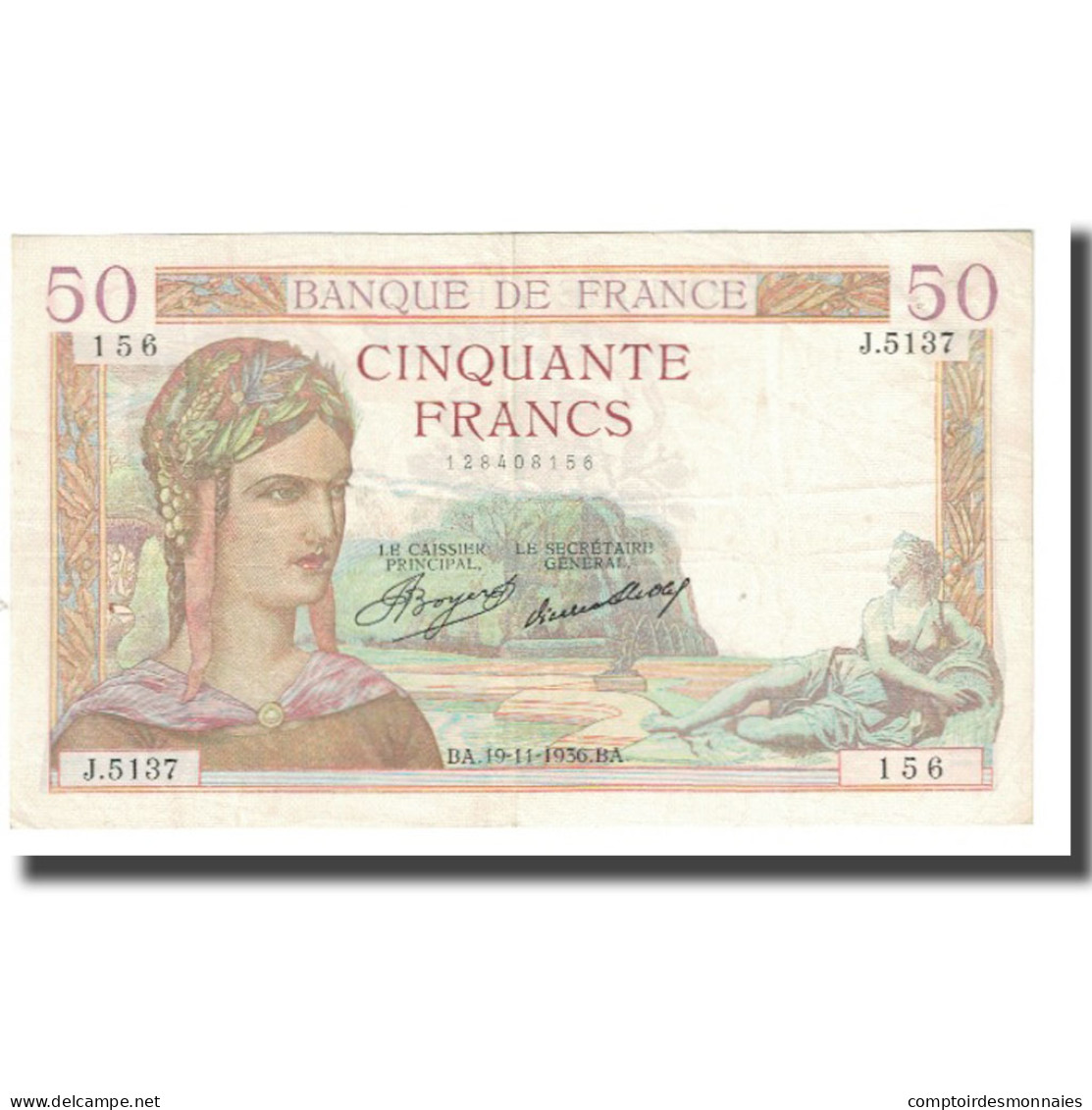 France, 50 Francs, Cérès, 1936, P. Rousseau And R. Favre-Gilly, 1936-11-19 - 50 F 1934-1940 ''Cérès''