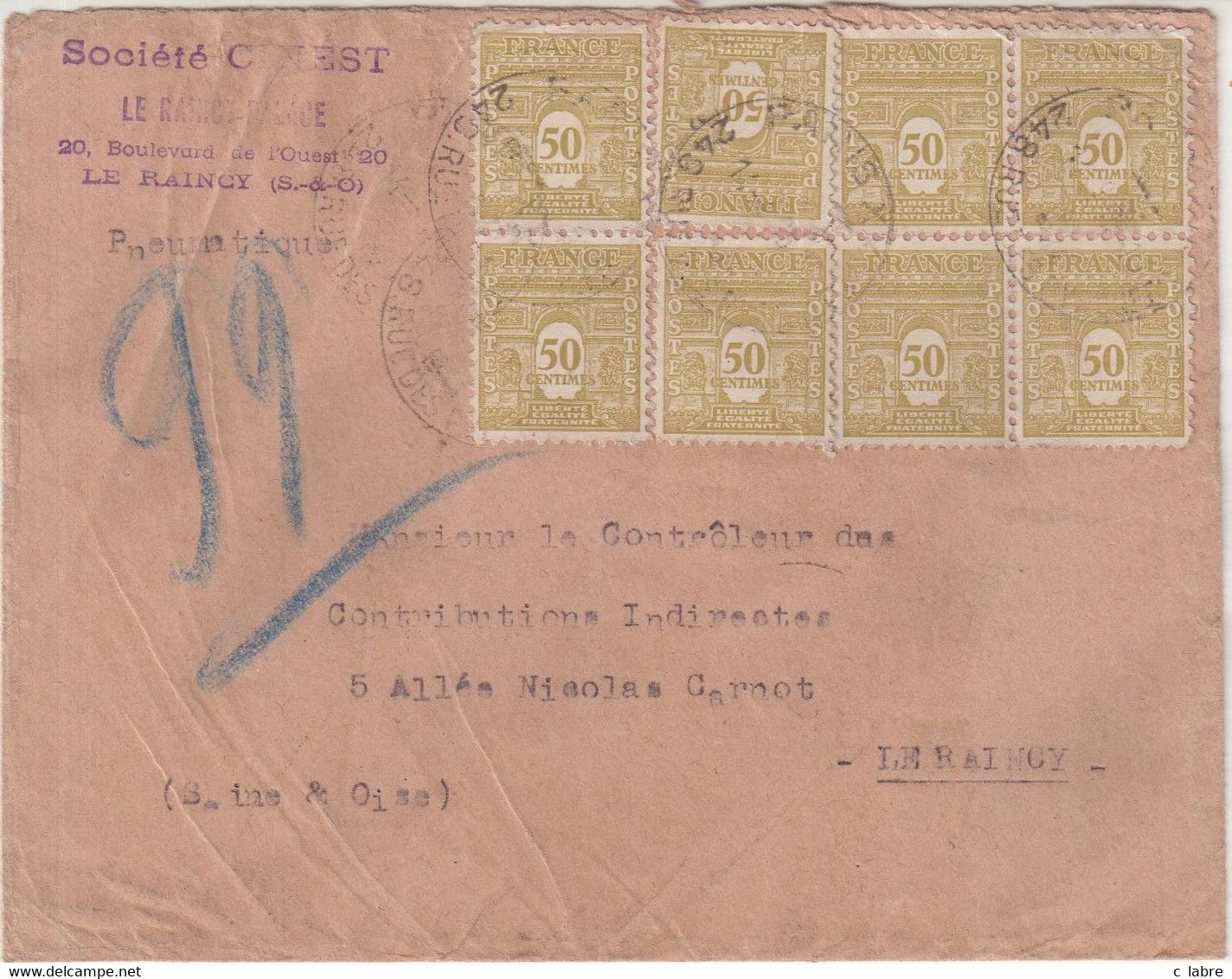 FRANCE : AFFRANCHISSEMENT A 3F . ARC DE TRIOMPHE . PAR PNEUMATIQUE . 1944 . - Cartas & Documentos