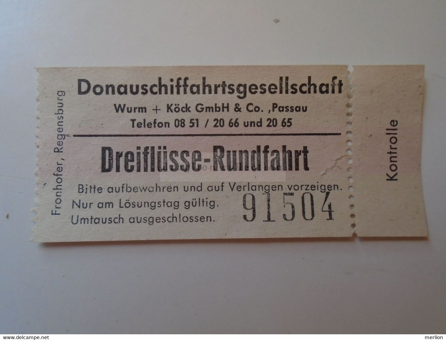 DT007 Donauschiffahrtgesellschaft -  Dreiflüsse-Rundfahrt - Passau  Ticket - Ca 1960-80 - Europa