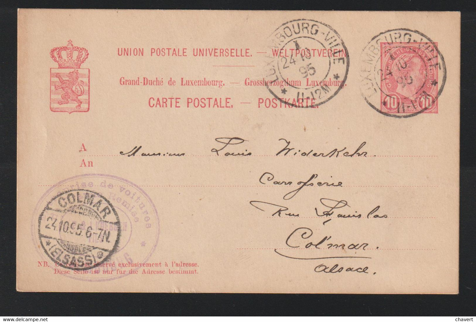 Luxembourg - Entier Postal De 1895 Pour Colmar En Alsace - 1895 Adolphe Right-hand Side