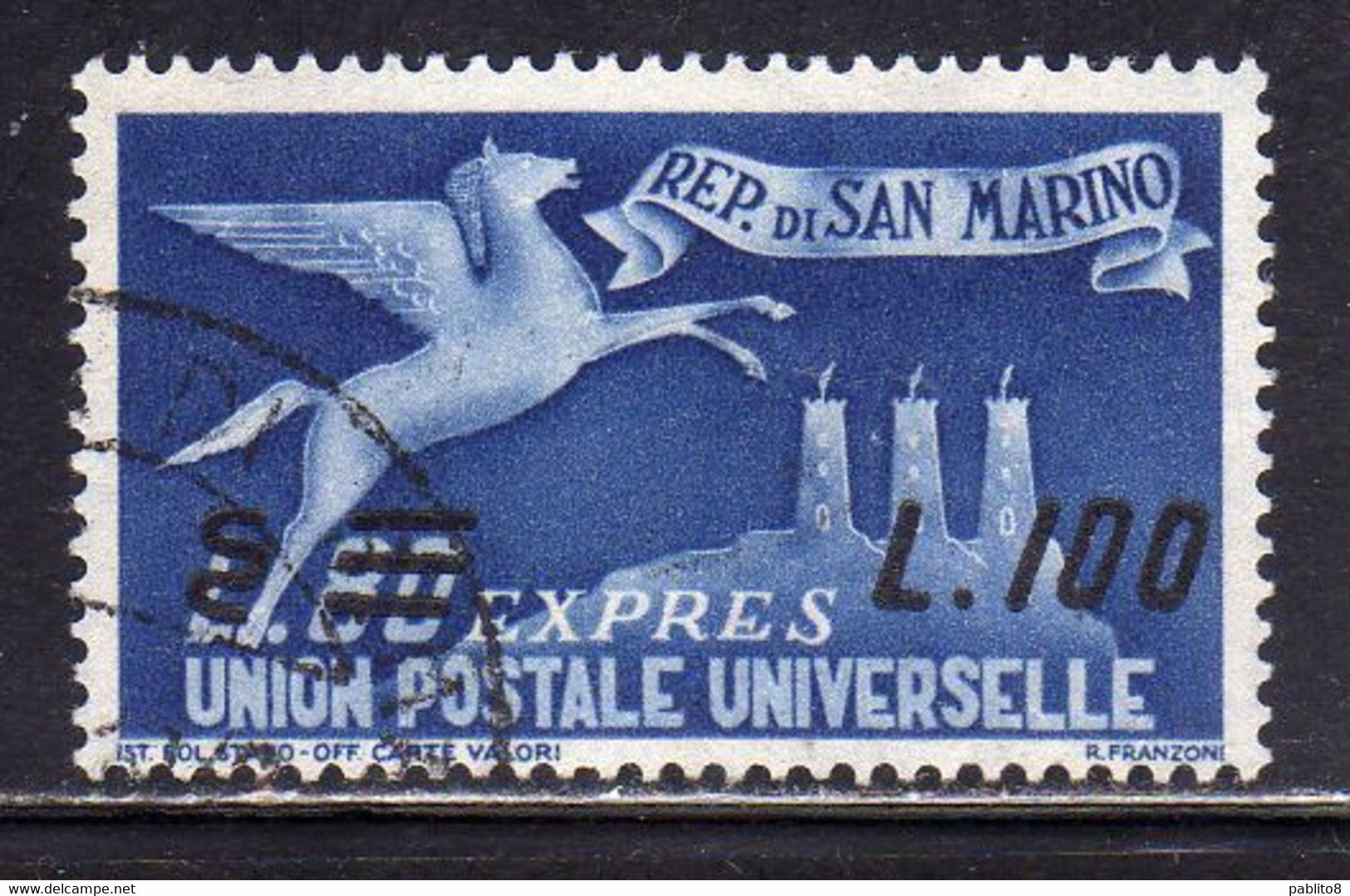 SAN MARINO 1957 ESPRESSI SPECIAL DELIVERY ESPRESSO DEL 1950 SOPRASTAMPATO SURCHARGED LIRE100 SU 80 L. USATO USED - Express Letter Stamps