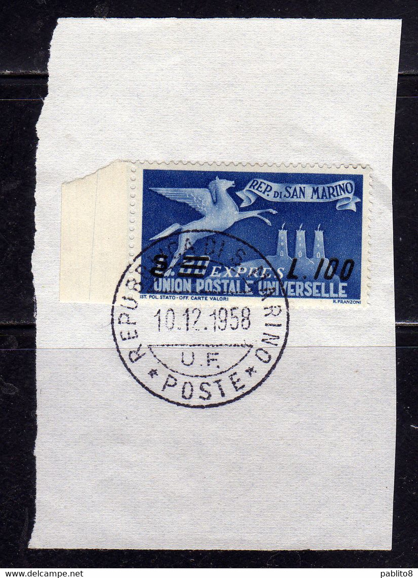 SAN MARINO 1957 ESPRESSI SPECIAL DELIVERY ESPRESSO DEL 1950 SOPRASTAMPATO SURCHARGED LIRE100 SU 80 L. USATO USED - Express Letter Stamps