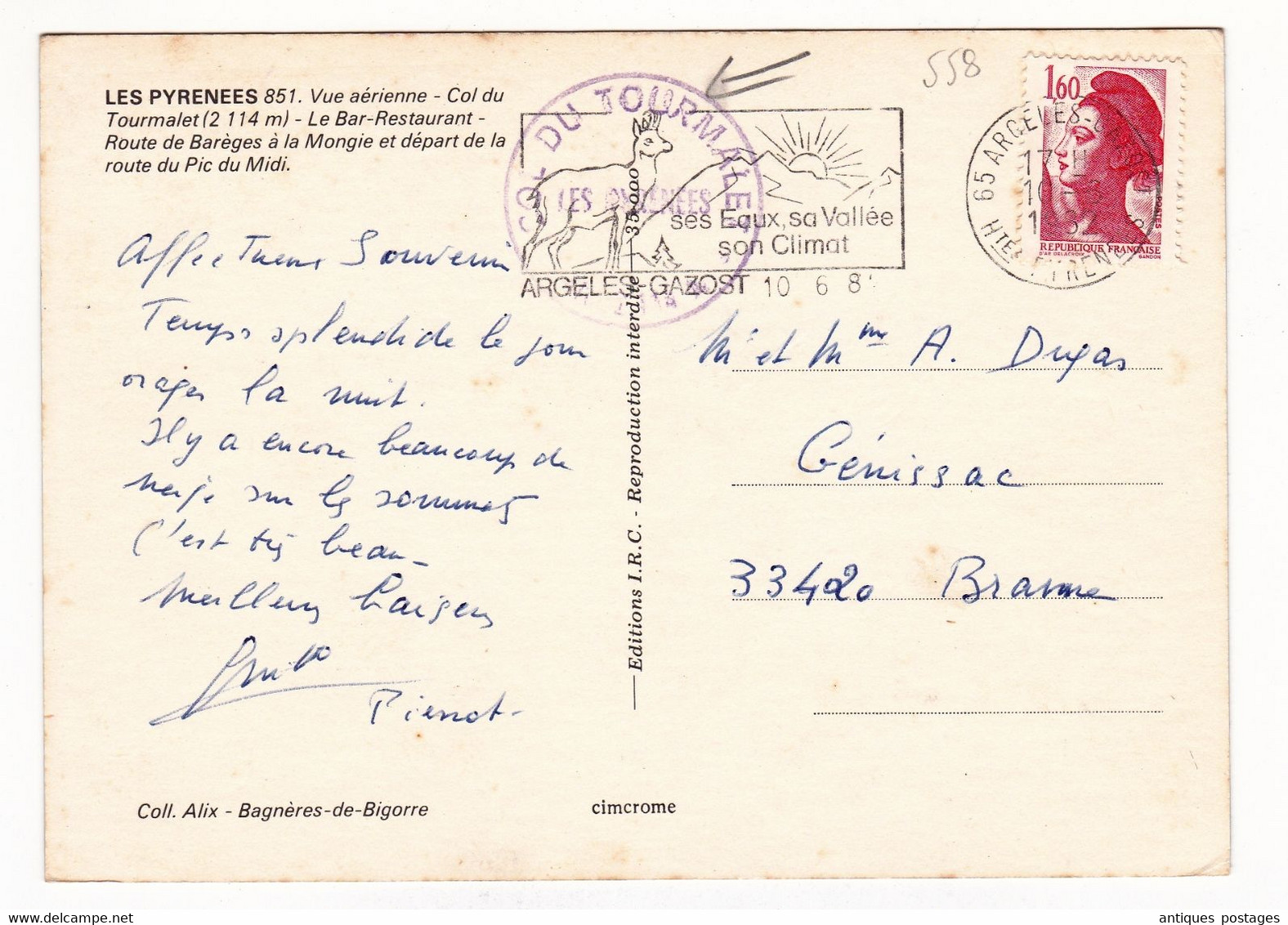 Carte Postale 1982 Cachet Col Du Tourmalet Chamois Hautes Pyrénées Argelès Gazost - Storia Postale