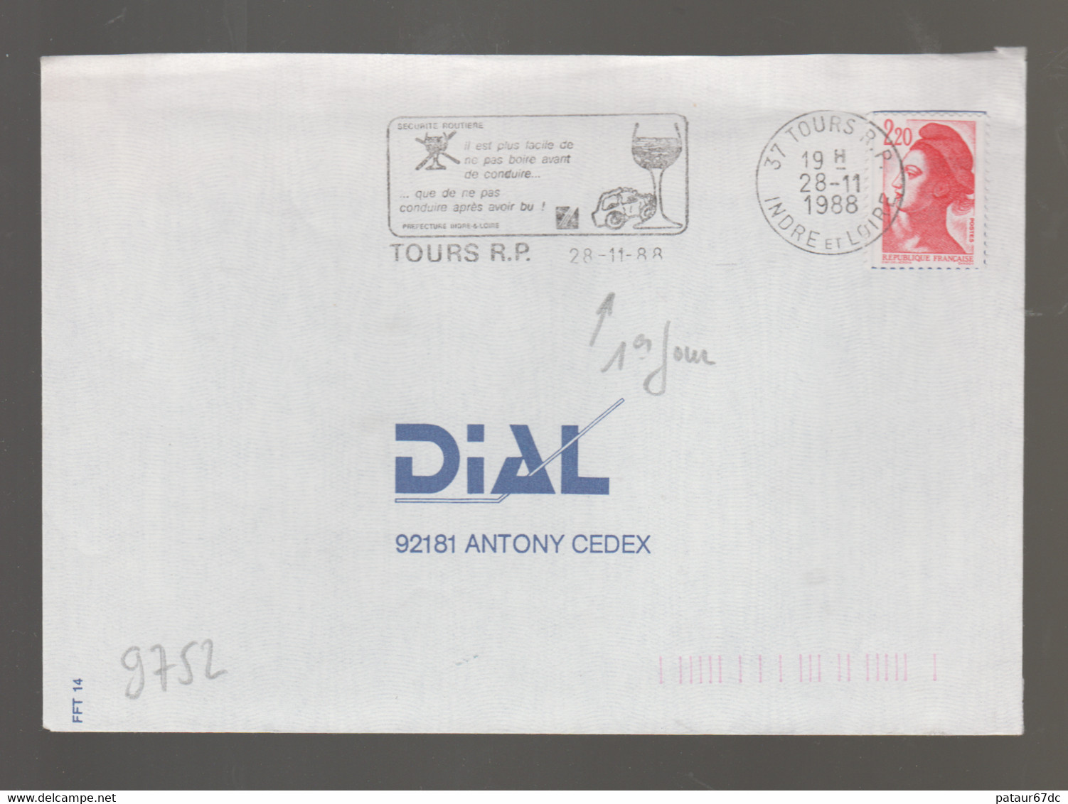 Flamme Dpt 37 : TOURS RP (SCOTEM N°  9752 Du 28/11/1988 => 25/01/1989) : Sécurité Routière - Ne Pas Boire (1er Jour Serv - Mechanical Postmarks (Advertisement)