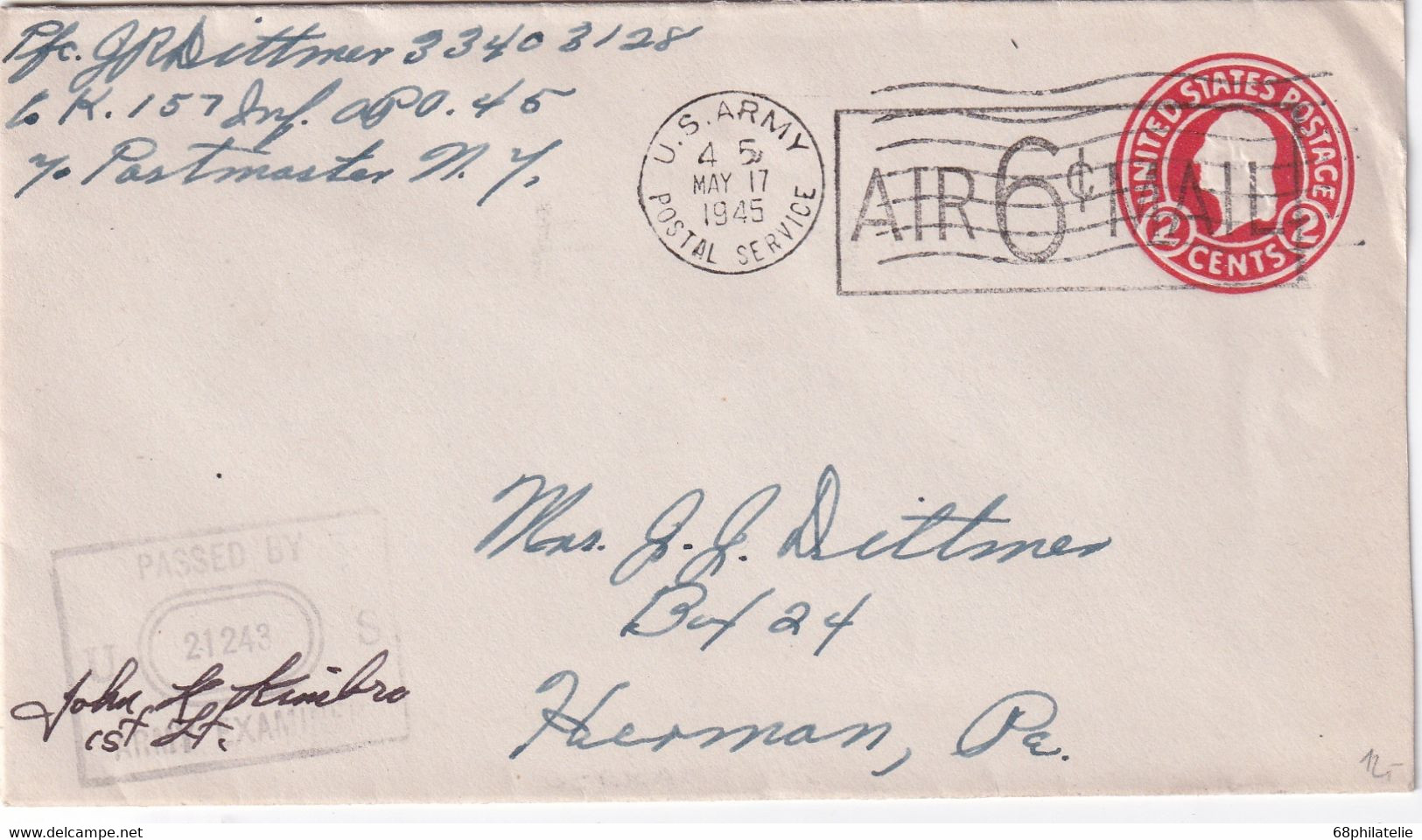 USA 1945     ENTIER POSTAL/GANZSACHE/POSTAL STATIONERY  LETTRE US ARMY POSTAL SERVICE - 1941-60