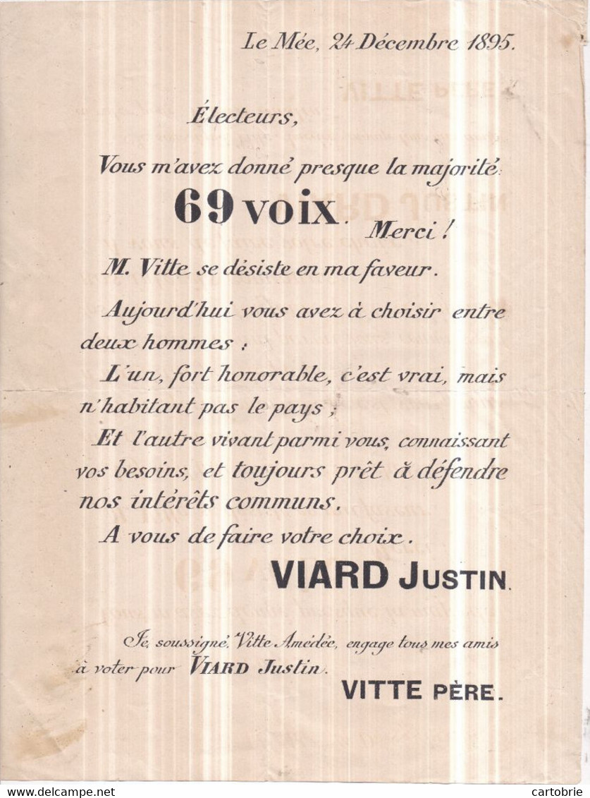 Dépt 77 - LE MÉE-SUR-SEINE - ÉLECTIONS De 1895 Tract Politique De Justin VIARD, Soutenu Par M. Amédée VITTE Au 2è Tour - Le Mee Sur Seine