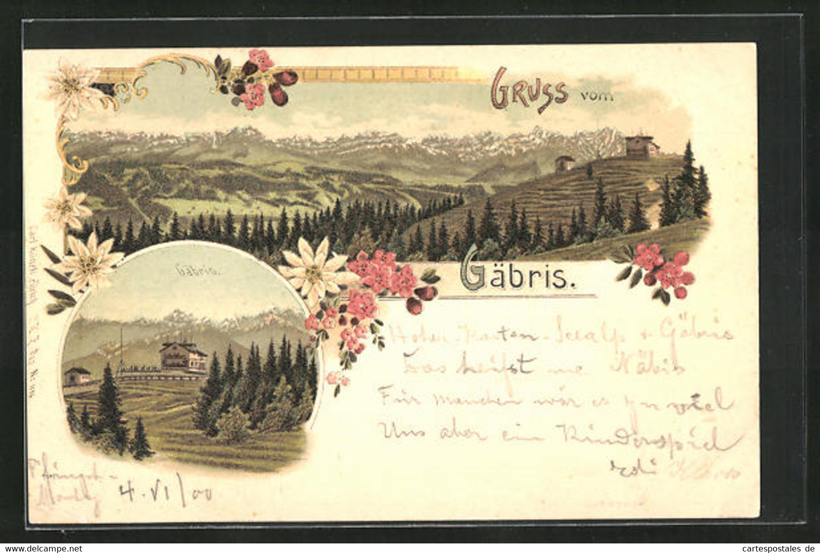 Lithographie Gais, Gasthaus Gäbris, Landschaftspanorama Mit Gebirgskette - Gais