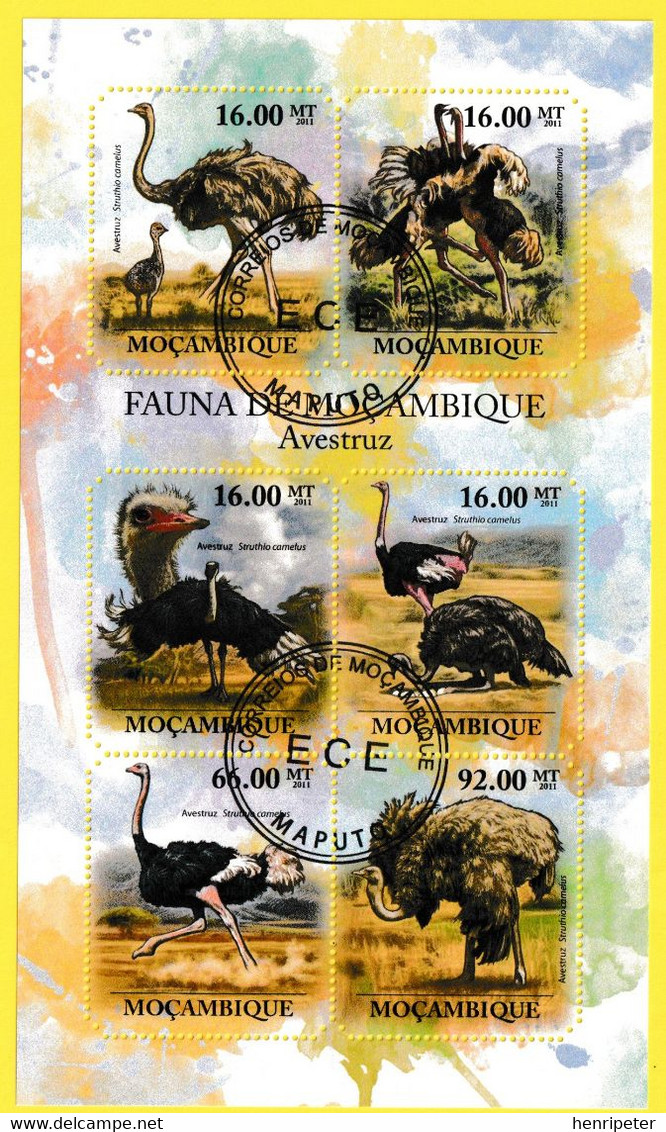 Bloc Feuillet Oblitéré De 6 Timbres-poste - Faune Du Mozambique Autruche D'Afrique (Struthio Camelus) - Mozambique 2011 - Mozambique