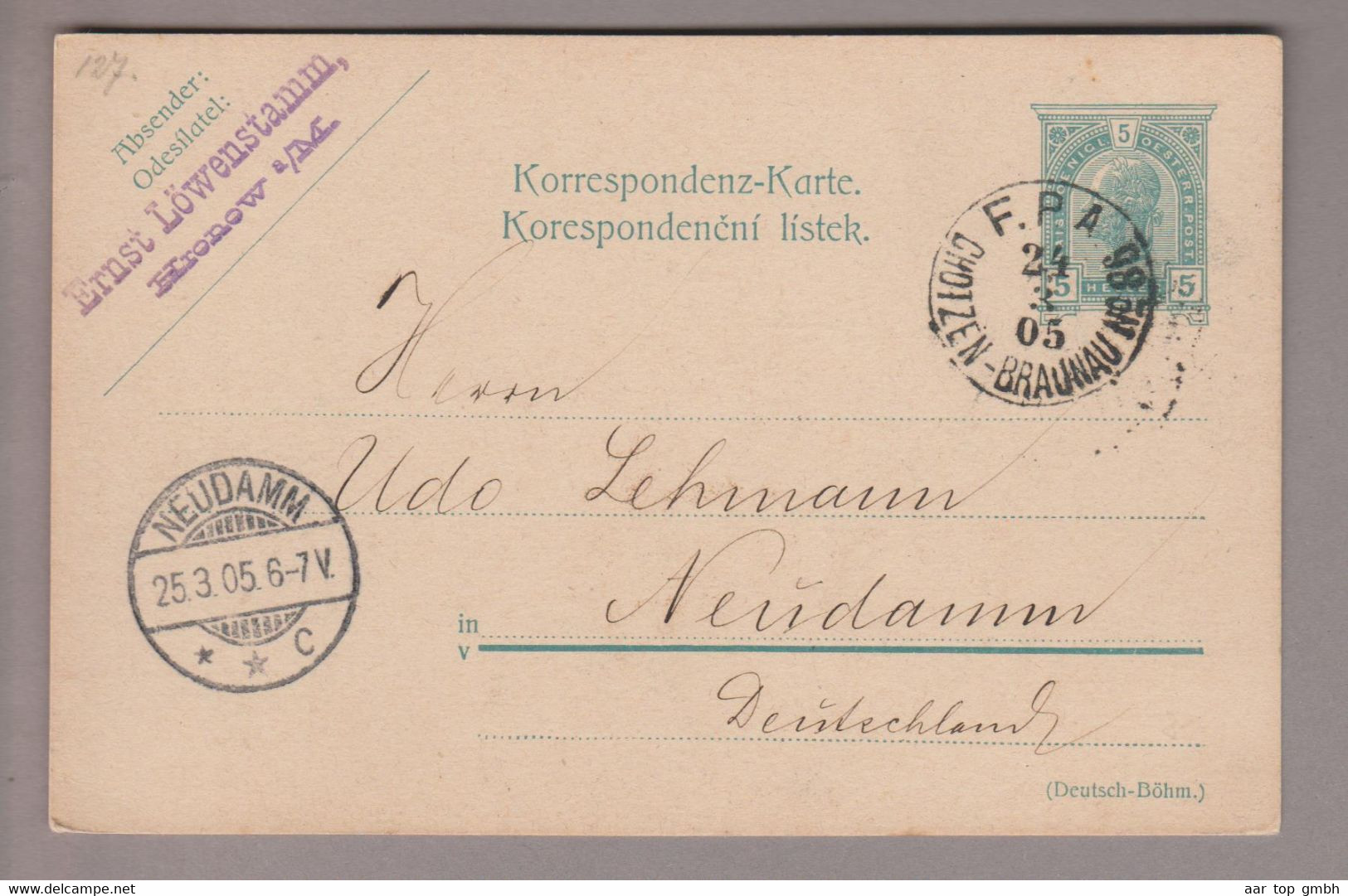 Tschechien Heimat Chotzen-Braunau F.P.A. #86 Bahnlinienstempel 1905-03-24 5 Heller GS Nach Neudamm - ...-1918 Prephilately