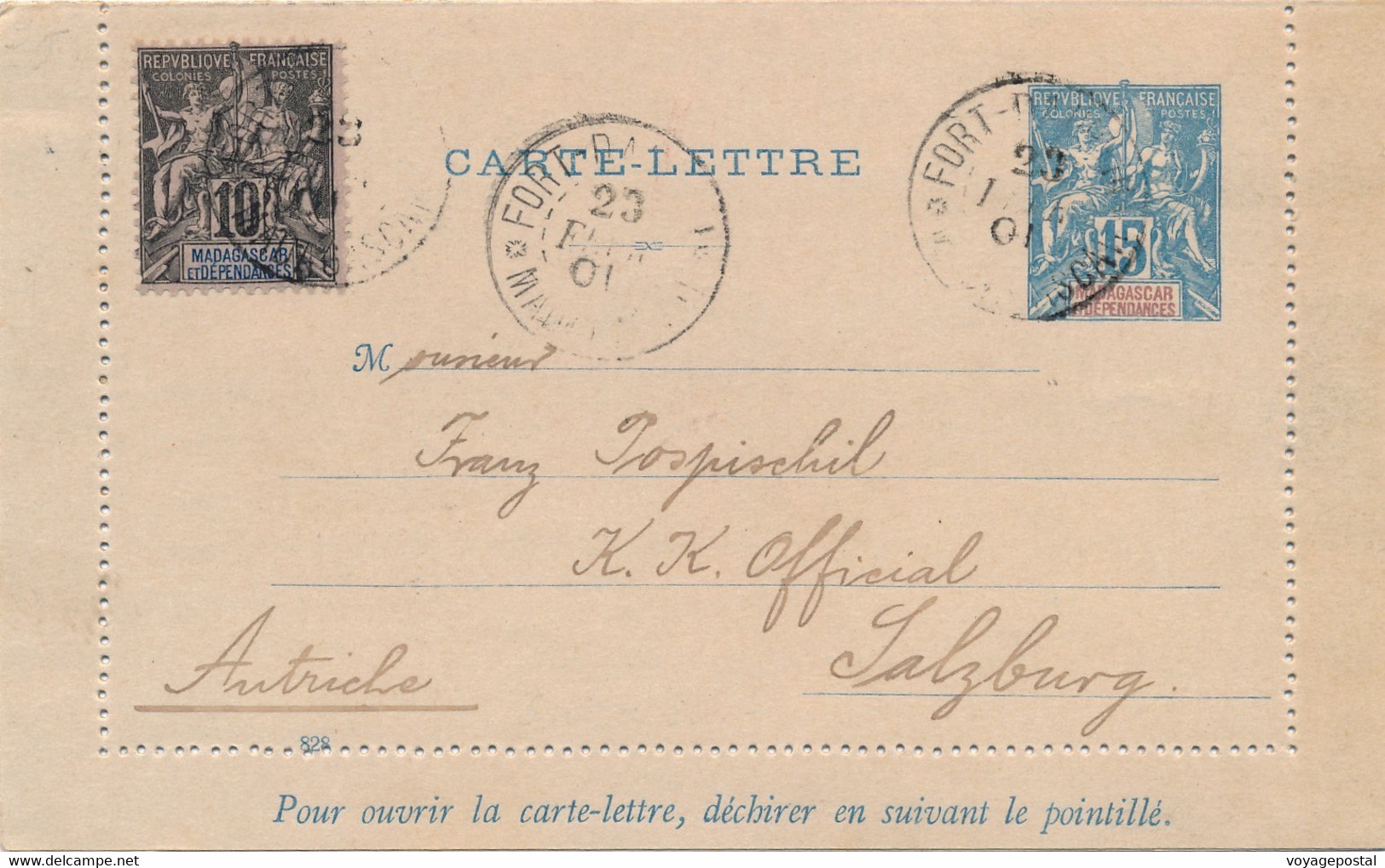 CARTE LETTRE ENTIER POSTAL FORT DAUPHIN MADAGASCAR POUR SALZBURG - Storia Postale