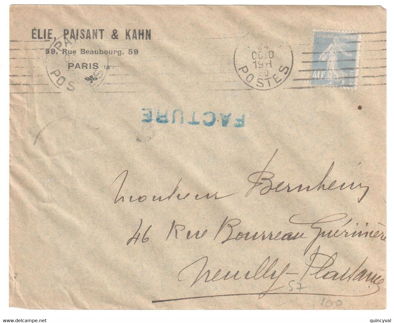 PARIS POSTES Facture Entête Elie Paisant Kahn 40c Semeuse Bleu Yv 237 Ob 1930Meca Krag 7 Lignes Inégales Dreyfus A00858 - Mechanische Stempels (varia)