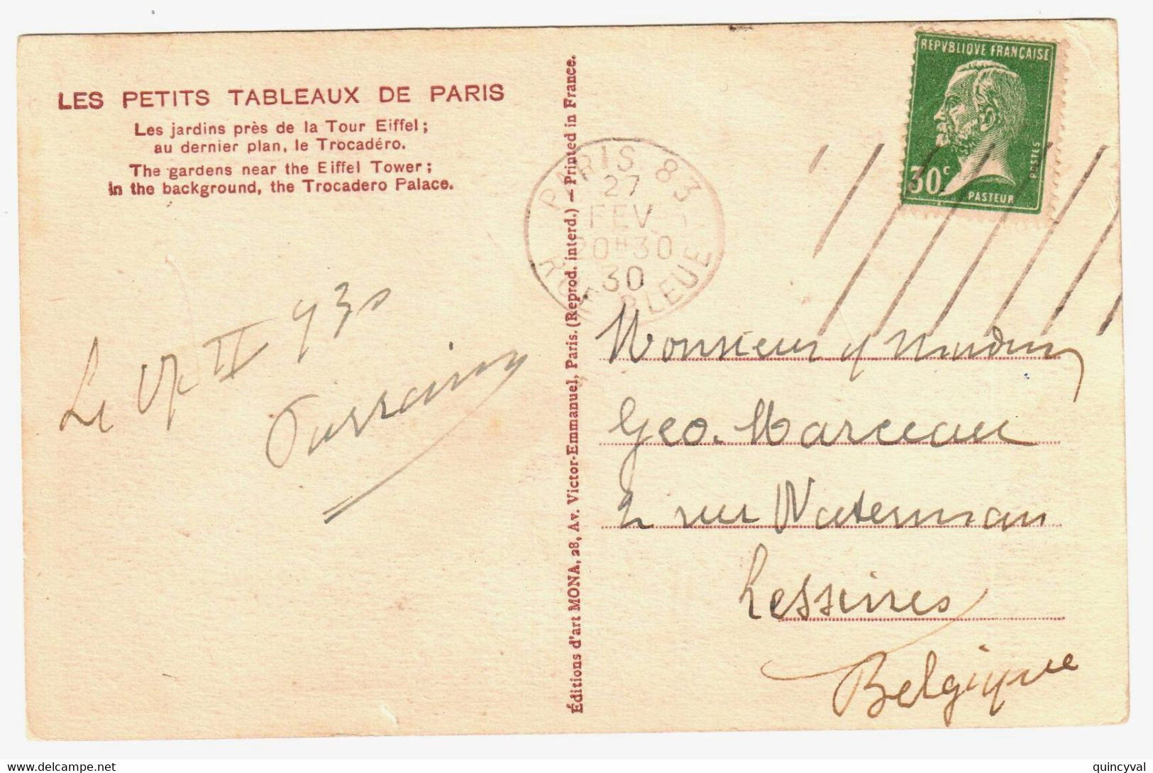 PARIS 83 Rue Bleue Carte Postale 30c Pasteur Vert Yv 174 Ob Meca KRAG 10 Lignes Diagonales B083204 - Sellado Mecánica (Otros)