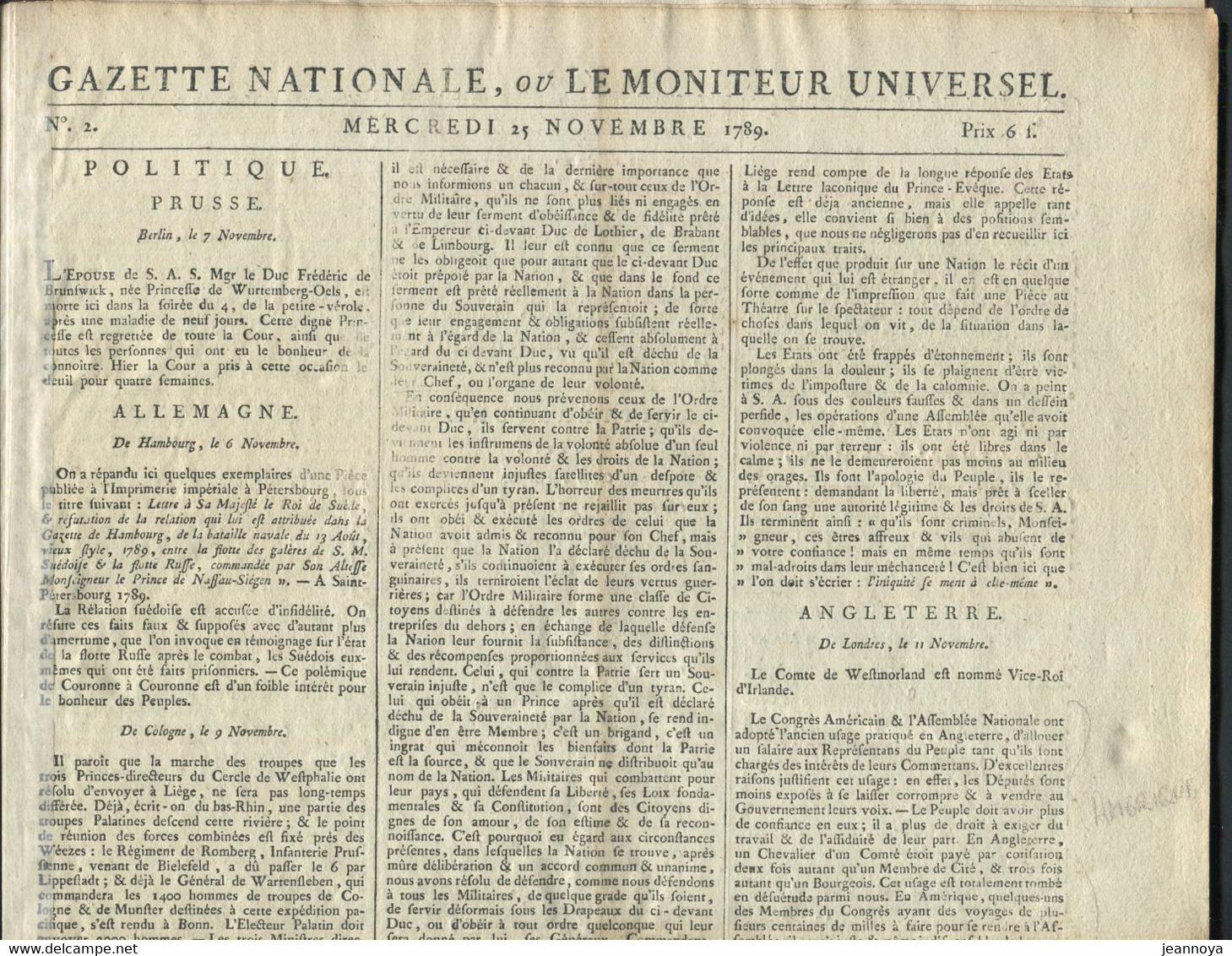 JOURNAL - " GAZETTE NATIONALE, OU LE MONITEUR UNIVERSEL N° 2 DU MERCREDI 25/11/1789 " LES 2 PAGES CERTAINEMENT - Periódicos - Antes 1800