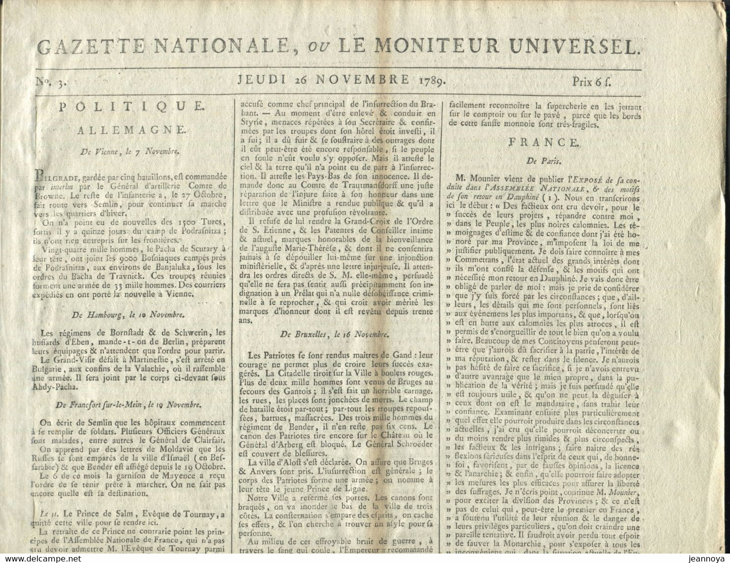 JOURNAL - " GAZETTE NATIONALE, OU LE MONITEUR UNIVERSEL N° 3 DU JEUDI 26/11/1789 " LES 2 PAGES CERTAINEMENT - Kranten Voor 1800