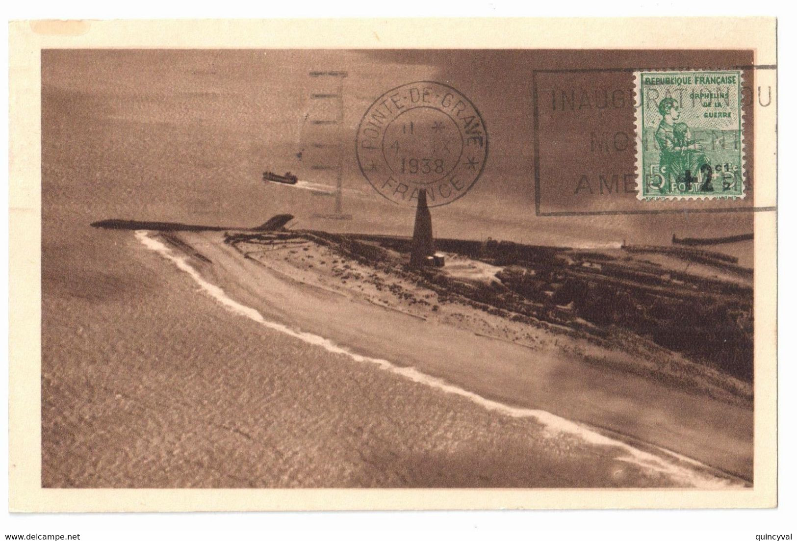 POINTE DE GRAVE Mémorial Carte Postale Entier 55c Bleu Ob Meca Inauguration Recto 5c +2c 1/2 Orphelin Yv 163 EP 12 - Standard Postcards & Stamped On Demand (before 1995)