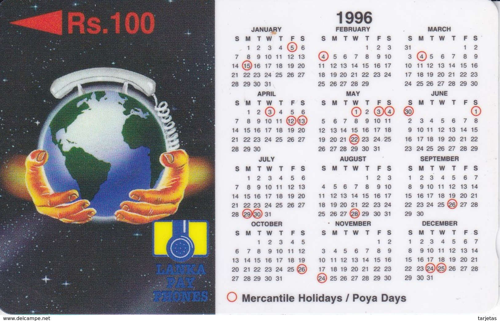 TARJETA DE SRY LANKA DE Rs.100 CALENDARIO 1996 (19SRLA) - Sri Lanka (Ceylon)