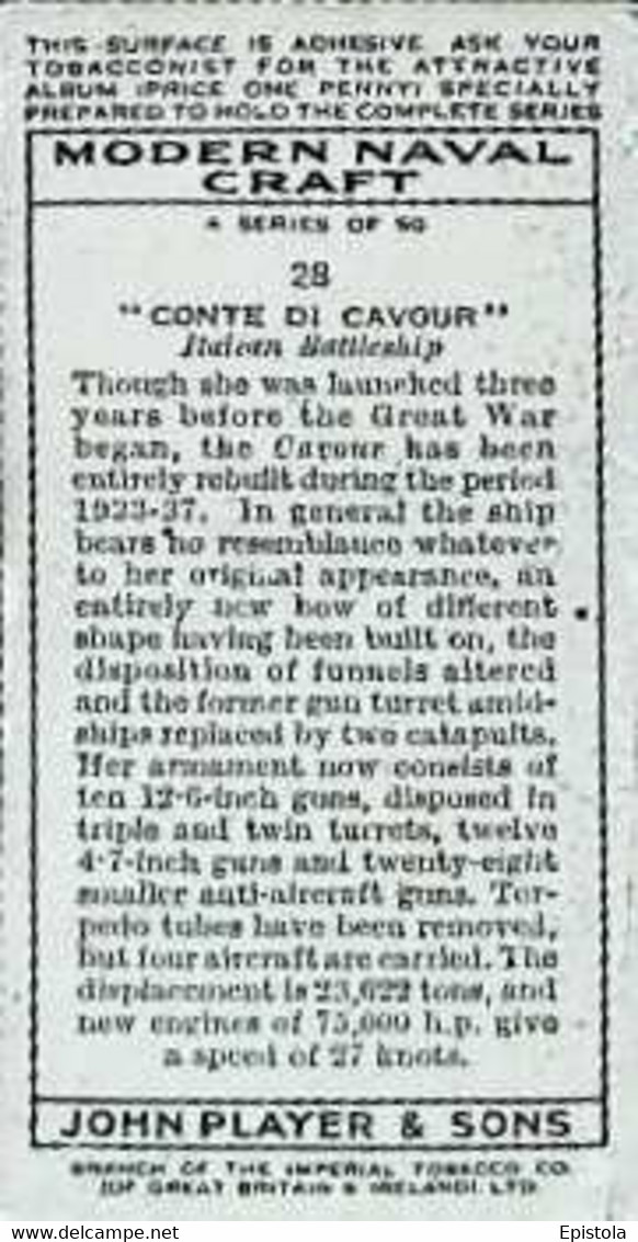 ► N°28 "Conte Di Cavo" Italian Battleship  MODERN NAVAL CRAFT  Chromo JOHN PLAYERS & SONS  CIGARETTE Imperial Tobacco - Player's