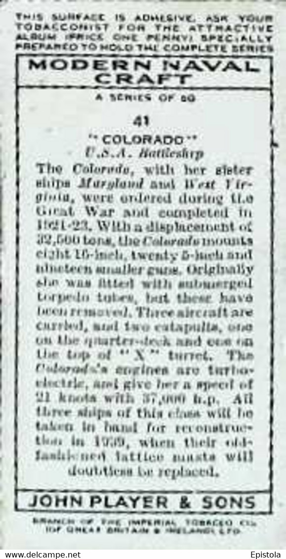 ► N°41  "Colorado" U.S.A. Battleship  MODERN NAVAL CRAFT  Chromo JOHN PLAYERS & SONS  CIGARETTE Imperial Tobacco - Player's