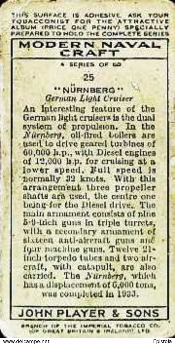 ► N°25  "Nurnberg" German Battleship  MODERN NAVAL CRAFT  Chromo JOHN PLAYERS & SONS  CIGARETTE Imperial Tobacco - Player's