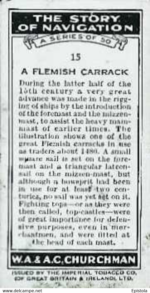 ► N°15 "Flemish Carrack"   THE STORY Of NAVIGATION  - CHURCHMAN  CIGARETTE Imperial Tobacco - Churchman