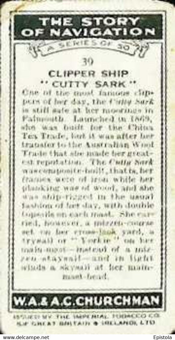 ► N°39 "Clipper Ship" Cutty Sark THE STORY Of NAVIGATION  - CHURCHMAN  CIGARETTE Imperial Tobacco - Churchman