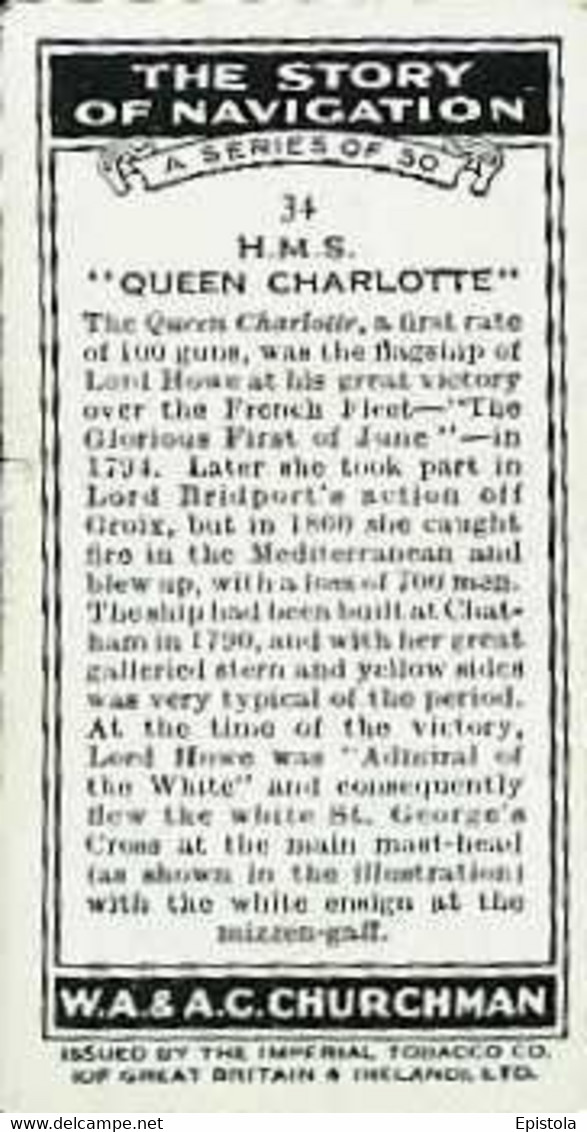 ► N°34 "H.M.S. Queen Charlotte" THE STORY Of NAVIGATION - CHURCHMAN  CIGARETTE Imperial Tobacco - Churchman