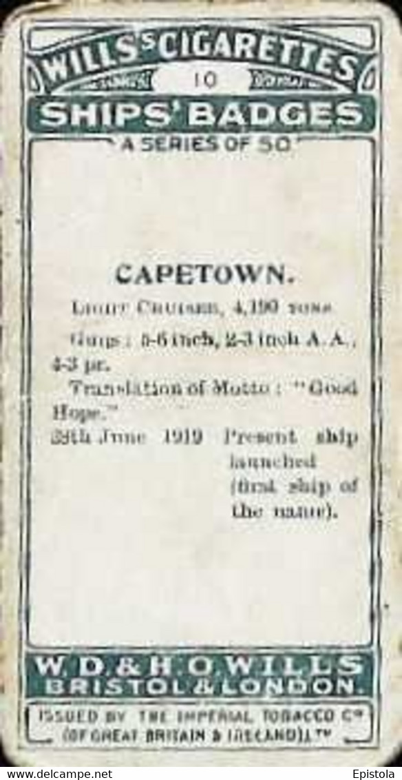 ► SHIP's BADGE - "Capetown" Battleship   - Image Chromo WILL'S CIGARETTE Imperial Tobacco - Wills