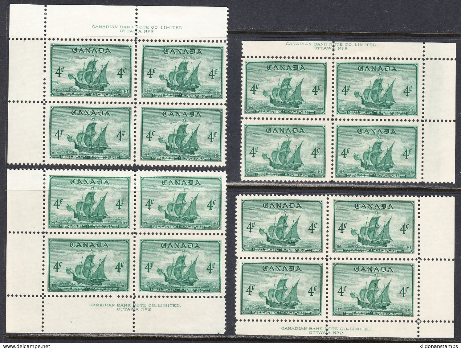 Canada 1949 Mint No Hinge/mounted, Corner Blocks, Plates 1 & 2, See Notes, Sc# 282, SG 412 - Unused Stamps