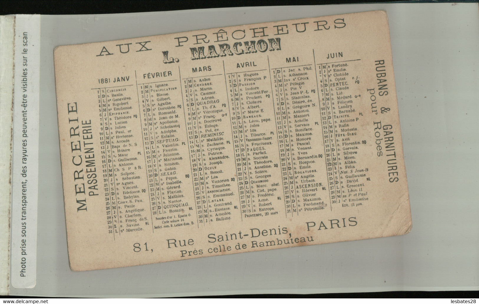 Calendrier 1881 AUX PRECHEURS - L. MARCHON PARIS MERCERIE PASSEMENTIERE LES ARTS LA DANSE (2021 Juillet CHR 457) - Petit Format : ...-1900