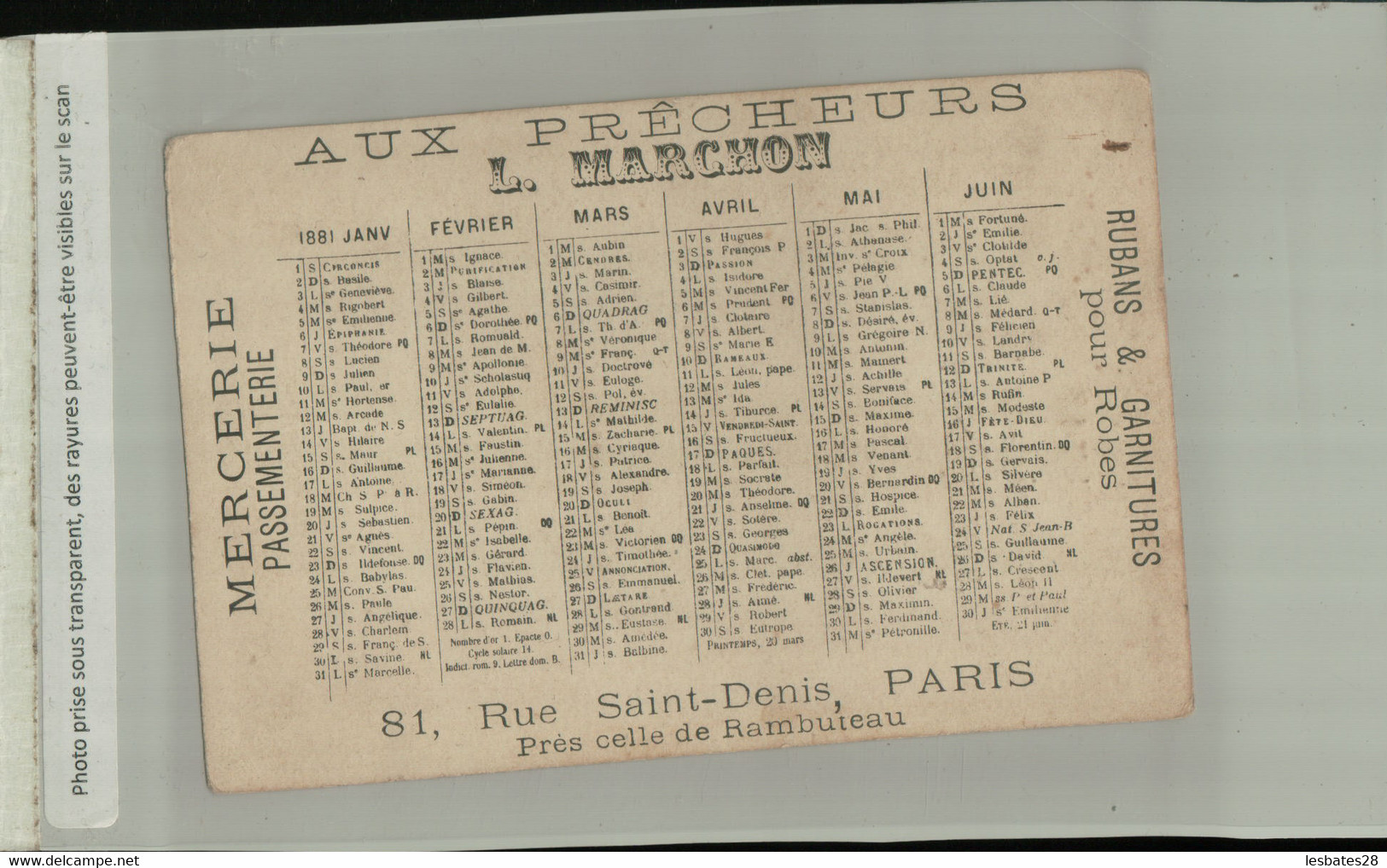 Calendrier 1881 AUX PRECHEURS - L. MARCHON PARIS MERCERIE PASSEMENTIERE  LES ARTS LA PEINTURE  (2021 Juillet CHR 459) - Small : ...-1900