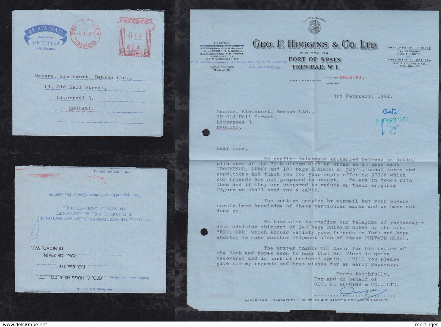 Trinidad 1962 Meter Aerogramme Air Letter PORT OF SPAIN To LIVERPOOL England Geo. F. Huggins - Trinidad & Tobago (1962-...)