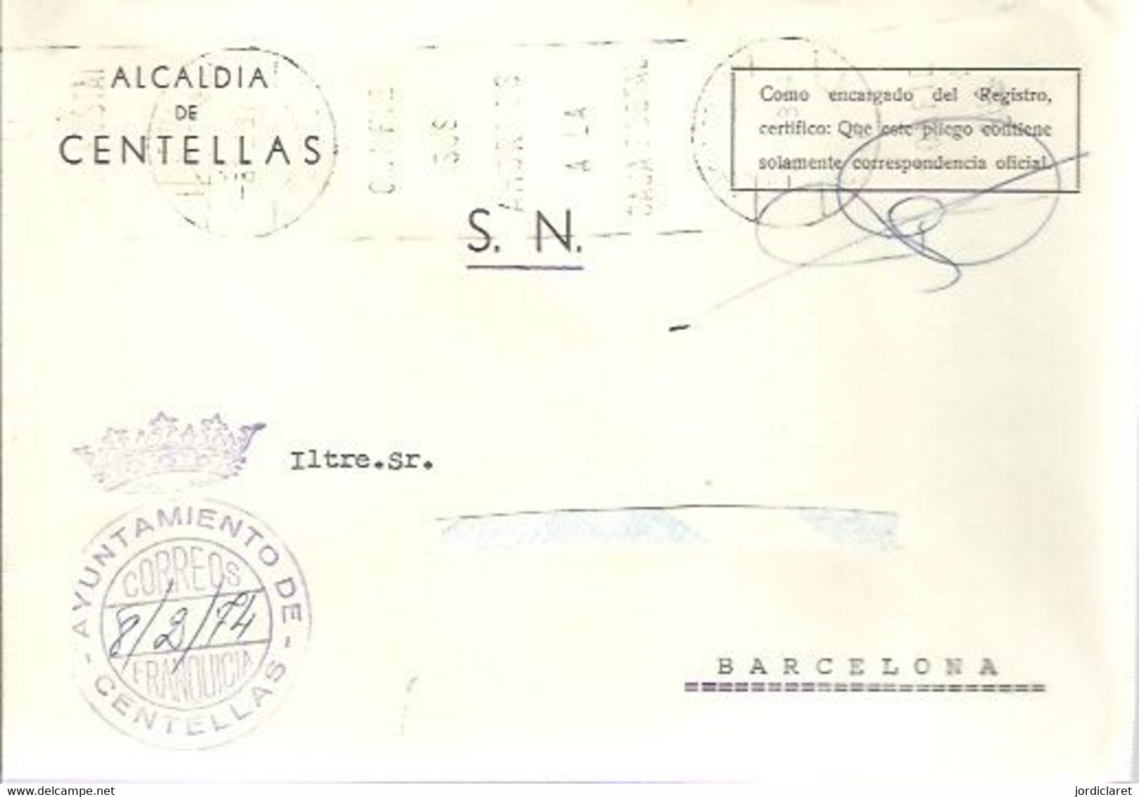 AYUNTAMIENTO  CENTELLAS 1974 - Franchise Postale