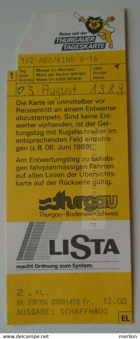 DT010   Railway  Train  - Thurgauer Tageskarte  1989  - 2 Kl  Schaffhausen -  12 Fr. - Europa