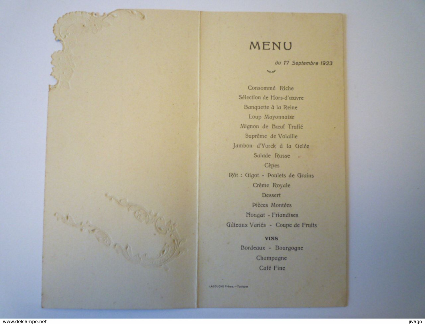 2021 - 2378  SALVAGNAC  (Tarn)  :  HÔTEL ROUZY BLANCAL  -  MENU 1923  XXX - Menus