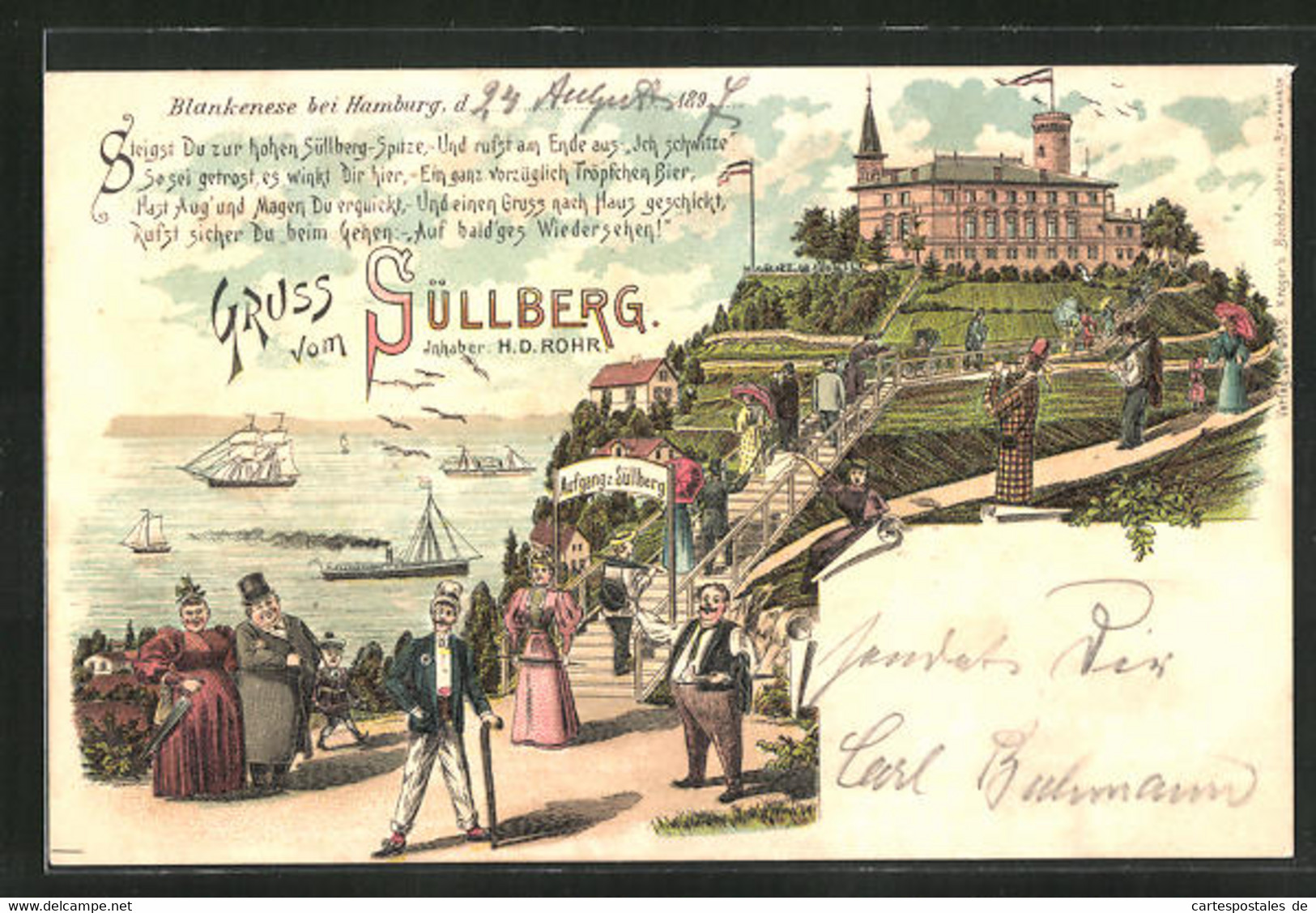 Lithographie Hamburg-Blankenese, Gasthaus Süllberg Mit Schiffe - Blankenese