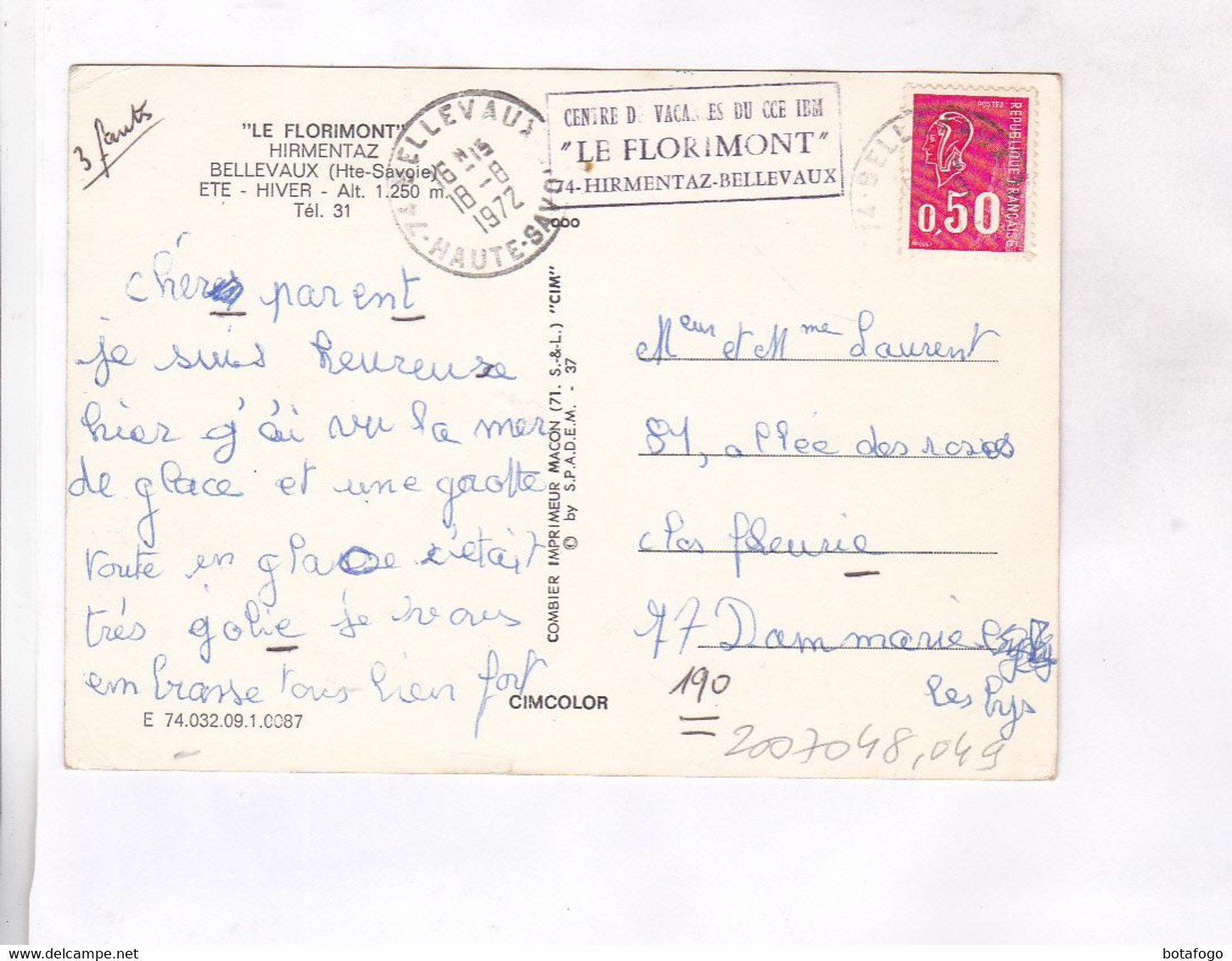 CPM DPT 74 BELLEVAUX, HOTEL LE FLORIMONT  En 1972! - Bellevaux