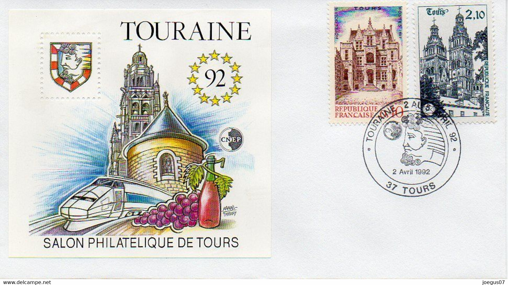 Enveloppe TOURAINE 92 Salon Philatélique De TOURS 2 Timbres Oblitération 2 Avril 1992 - 37 TOURS - Lettres & Documents