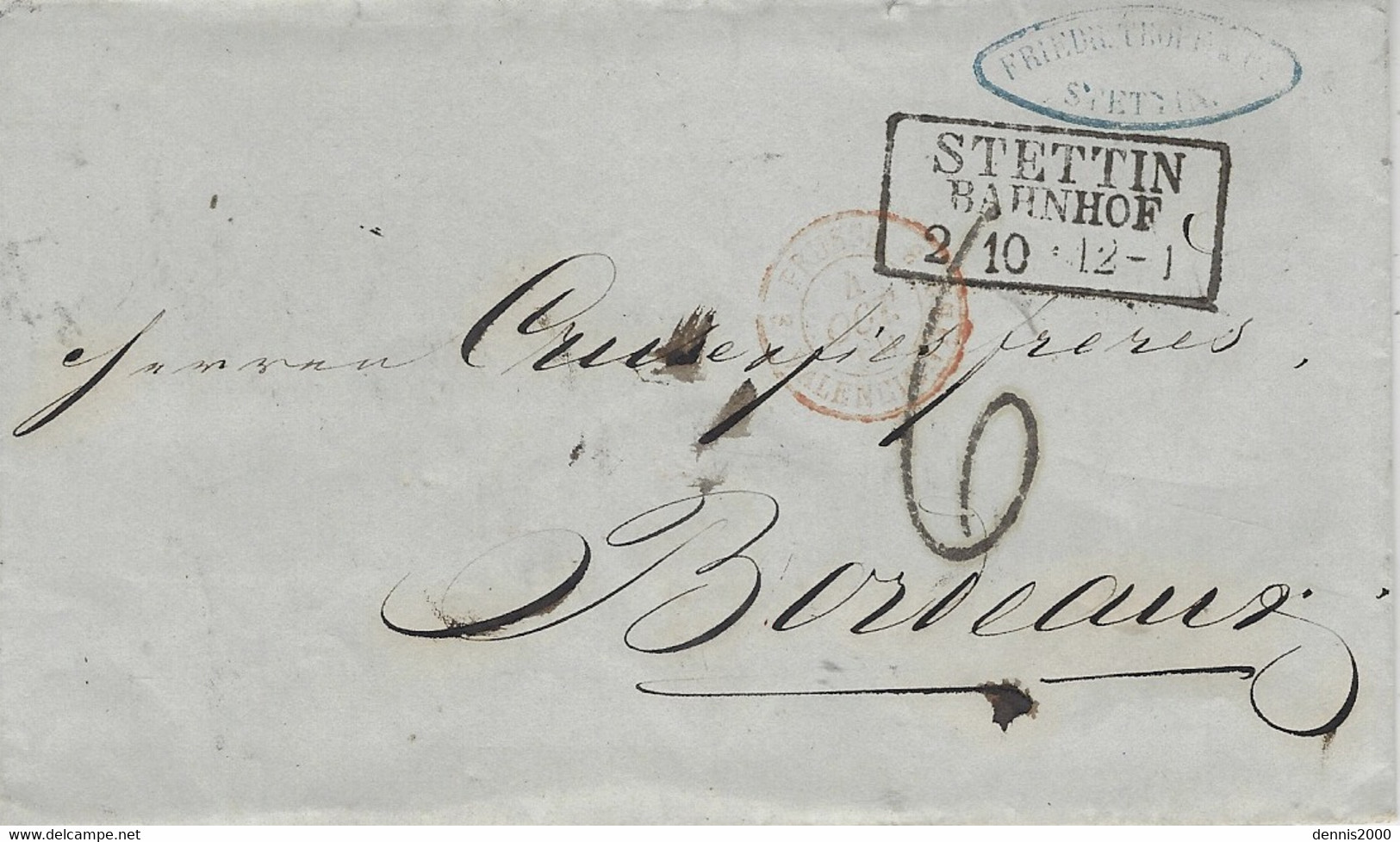 1860- Letter From STETTIN / BAHNHOF  To Bordeaux ( France )  Rating 6 D. - ...-1860 Prephilately