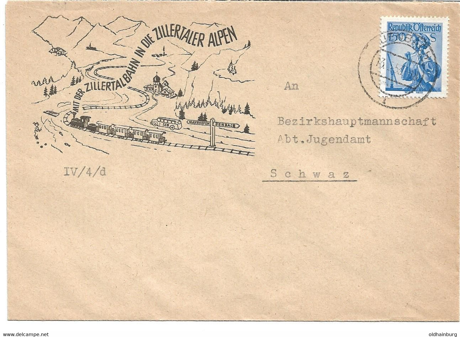 1851e: Heimatsammler Briefbeleg Mit Tollem Bahnmotiv Zillertaler Alpen, Jenbach 1953 - Jenbach