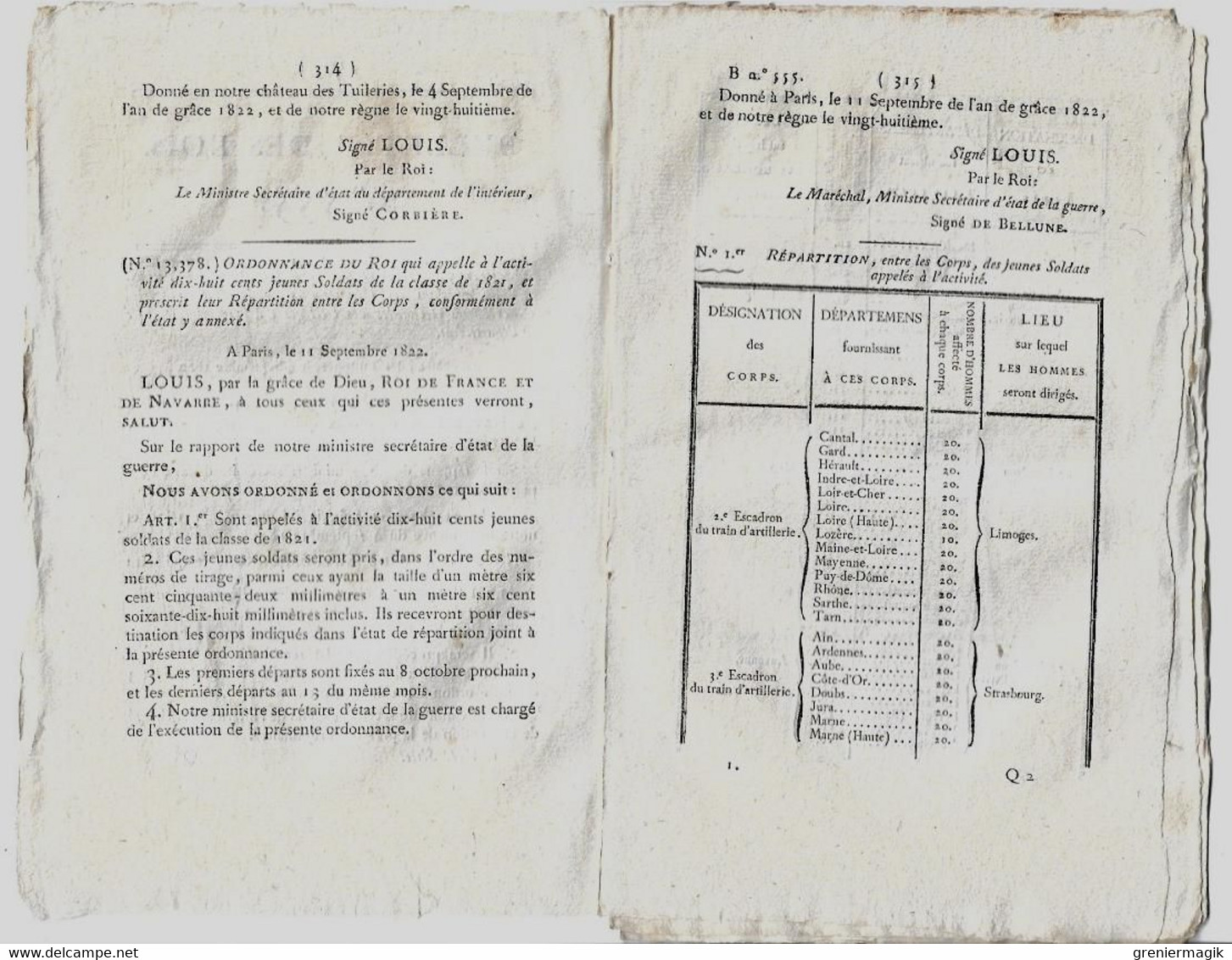 Bulletin Des Lois N°555 1822 Soldats De La Classe 1821 Appelés à L'activité, Répartition Des Corps/Dépenses Publiques - Decreti & Leggi