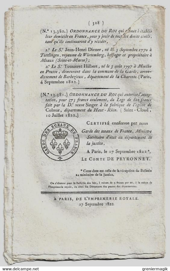 Bulletin des Lois N°555 1822 Soldats de la Classe 1821 appelés à l'activité, répartition des corps/Dépenses publiques