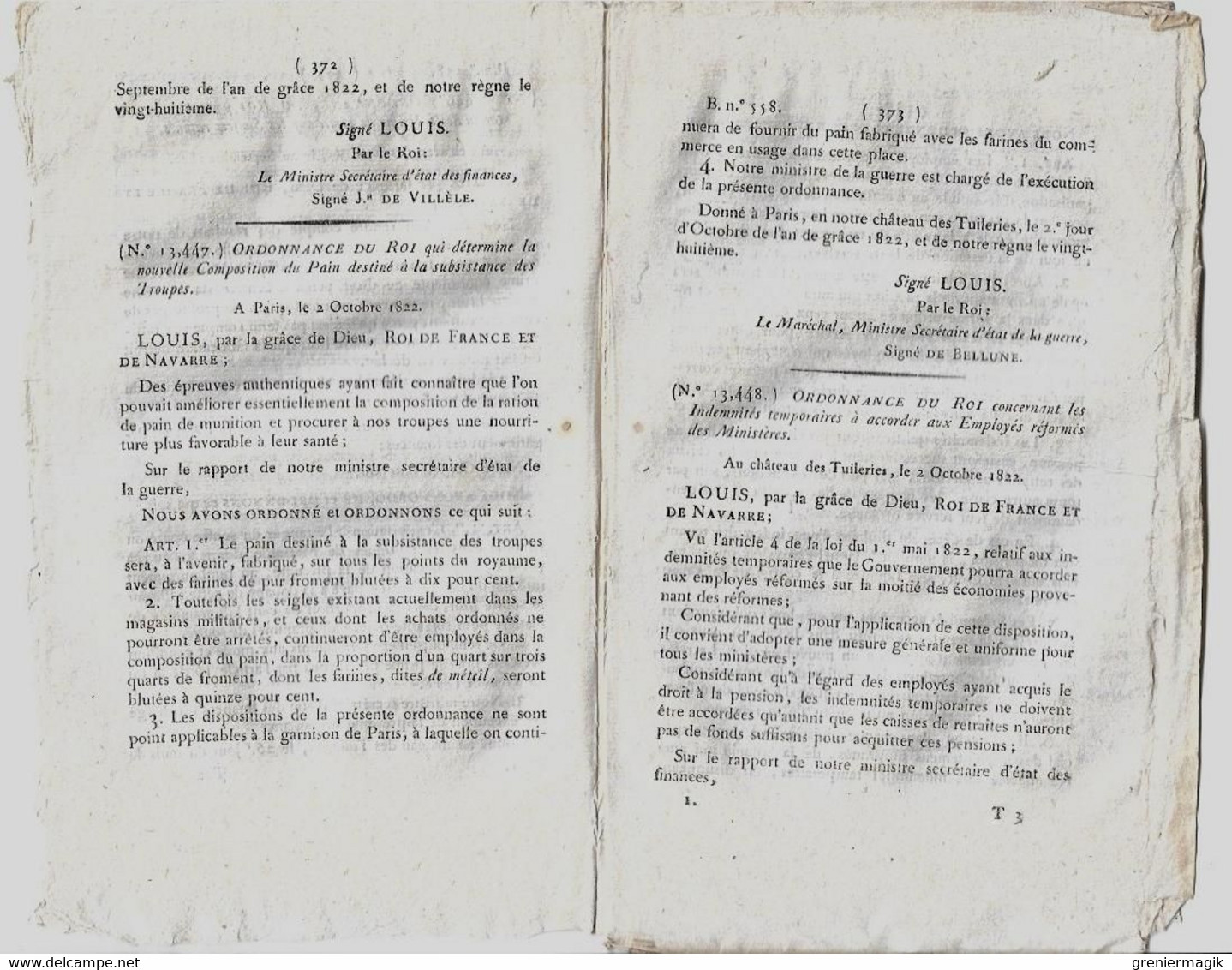 Bulletin Des Lois N°558 1822 Voitures Non Suspendues/Soufre Marseille/Pain Soldats/Bernier De Maligny/Comte De Chamoy - Decreti & Leggi