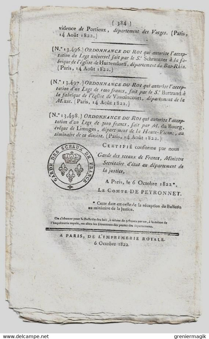 Bulletin Des Lois N°558 1822 Voitures Non Suspendues/Soufre Marseille/Pain Soldats/Bernier De Maligny/Comte De Chamoy - Decreti & Leggi