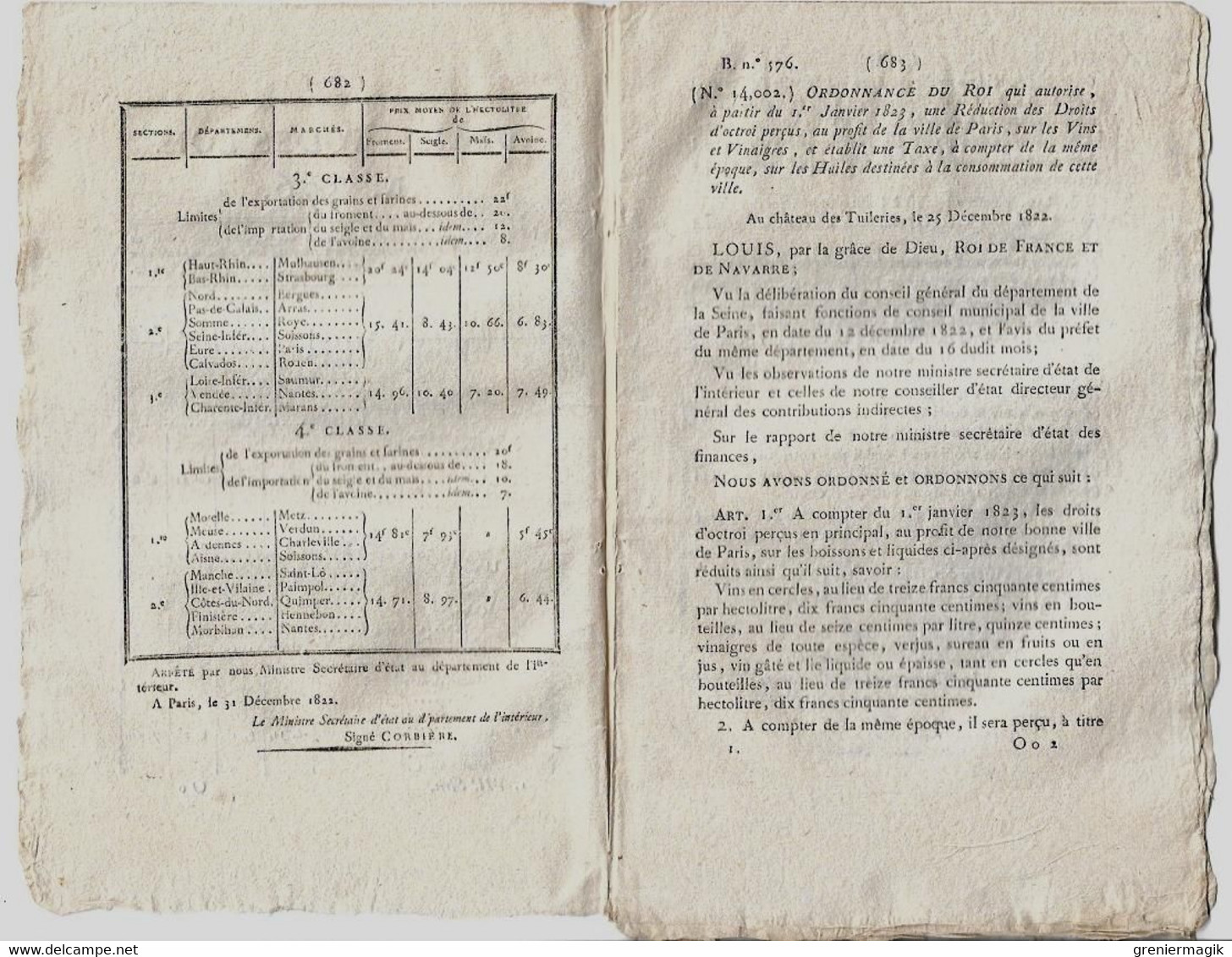 Bulletin Des Lois N°576 1823 Paris Taxe Huiles Vins Vinaigres/Costumes Présidents De Chambre/Anselme De Rochedragon - Décrets & Lois