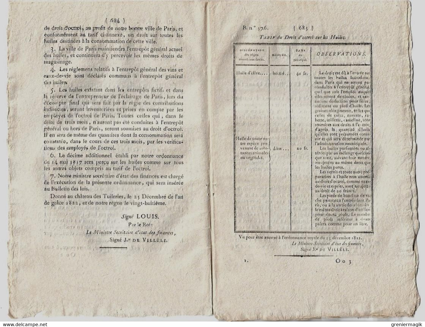 Bulletin Des Lois N°576 1823 Paris Taxe Huiles Vins Vinaigres/Costumes Présidents De Chambre/Anselme De Rochedragon - Décrets & Lois