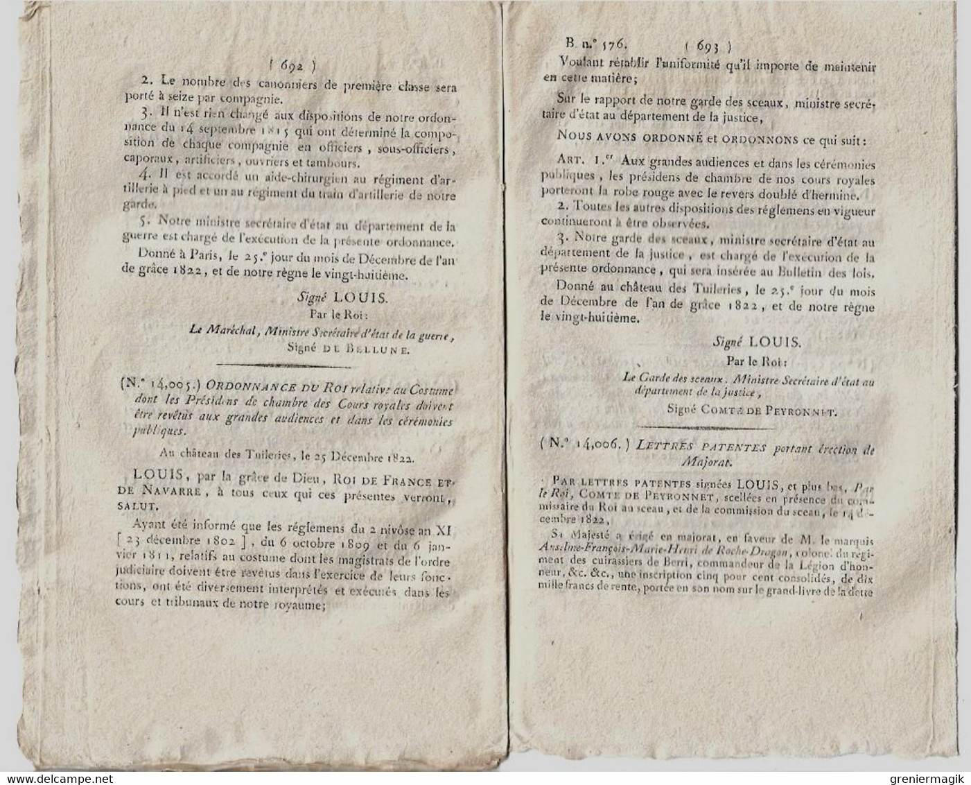 Bulletin des Lois N°576 1823 Paris taxe huiles vins vinaigres/Costumes présidents de Chambre/Anselme de Rochedragon