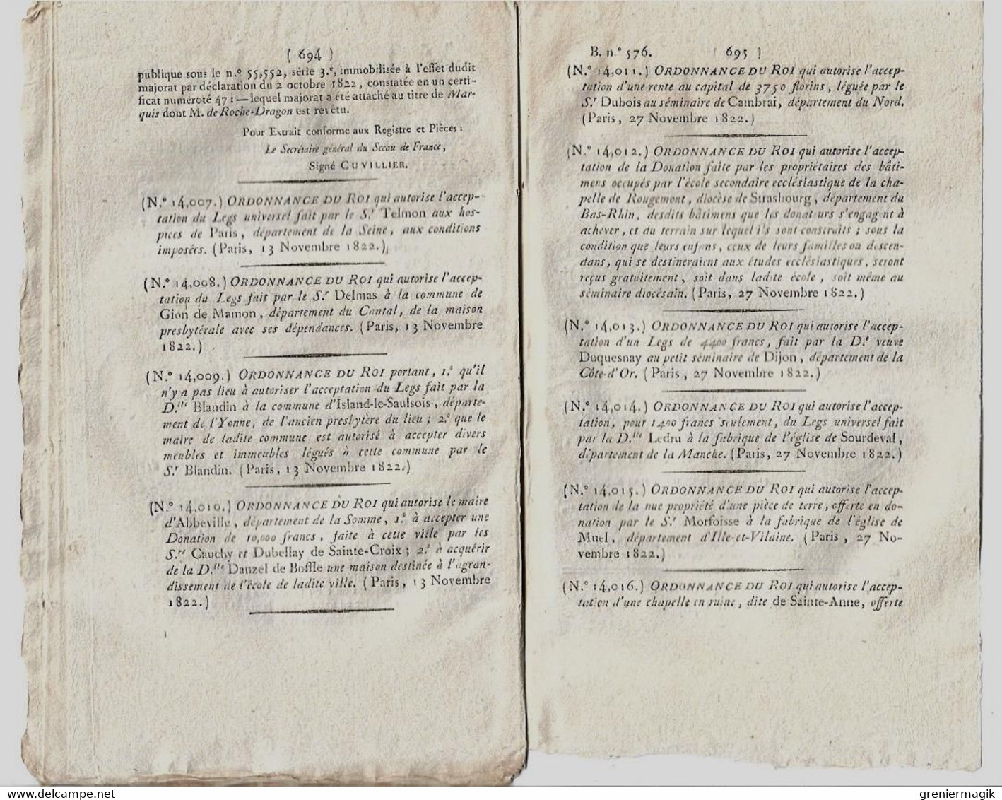 Bulletin des Lois N°576 1823 Paris taxe huiles vins vinaigres/Costumes présidents de Chambre/Anselme de Rochedragon