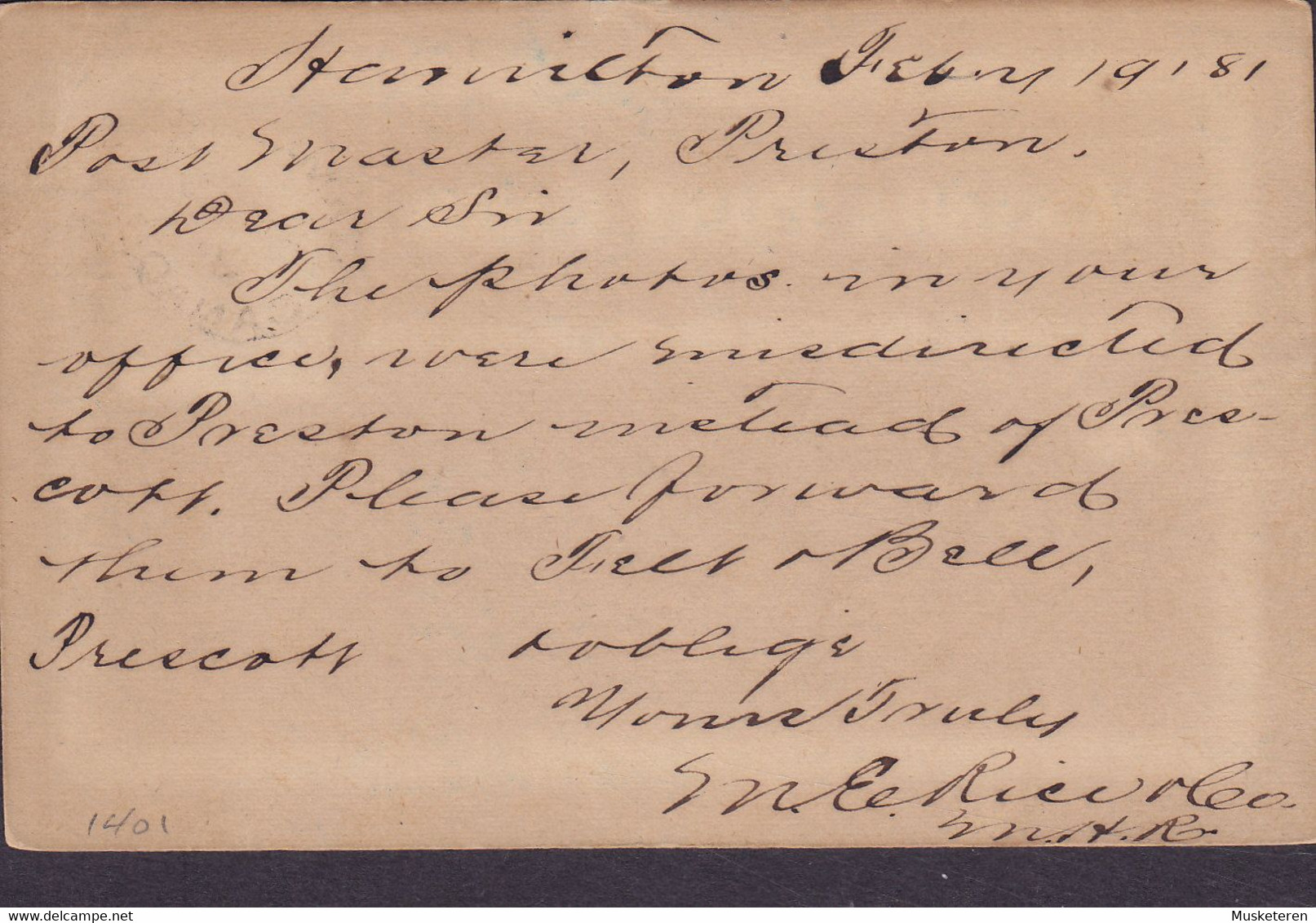 Canada Postal Stationery Ganzsache Entier 1c. Victoria HAMILTON 1881 PRESTON Ontario (2 Scans) - 1860-1899 Reign Of Victoria