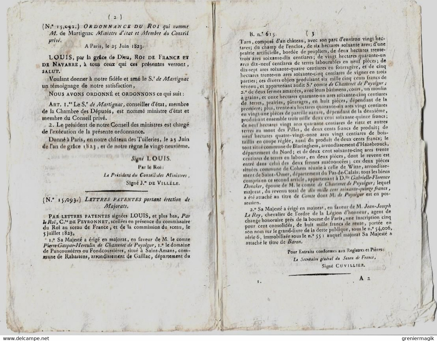 Bulletin Des Lois N°615 1823 Baron De La Rochefoucauld Gouverneur 12e Division Militaire/Martignac/Chastenet De Puységur - Decreti & Leggi